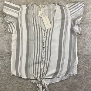 NWT Sim & Sam Button-Down Tie Front Top in Gray and White